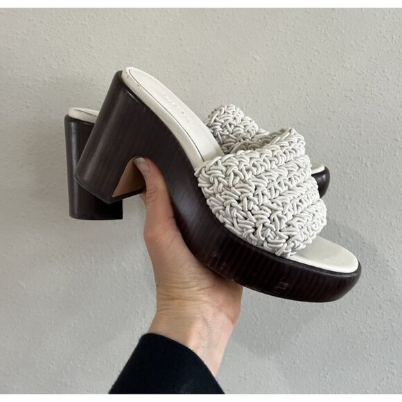 Vince Woven Braided Slides High Heel Sandals 6 36 Slip On Shoes Brown Open Toe - Picture 1 of 6